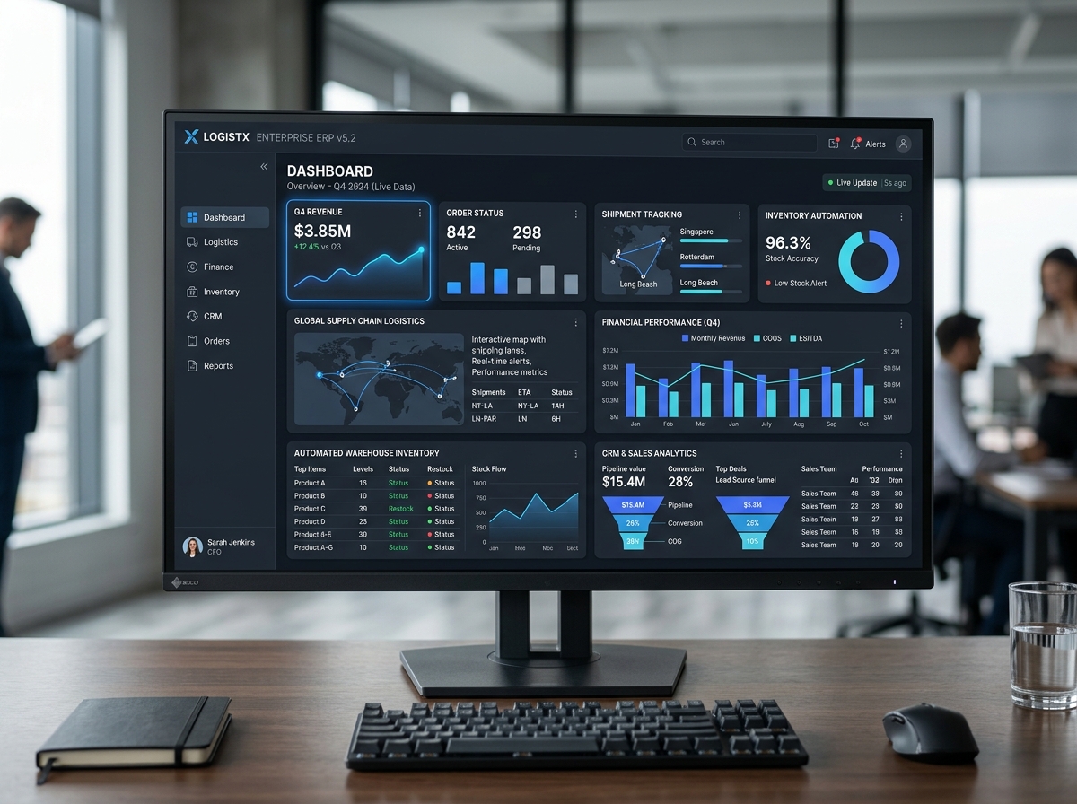 Panel de control ERP para optimización de inventarios, finanzas y operaciones empresariales